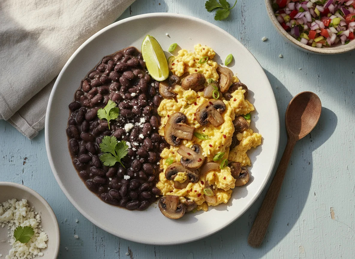 Frijoles con huevos revueltos y champiñones photo