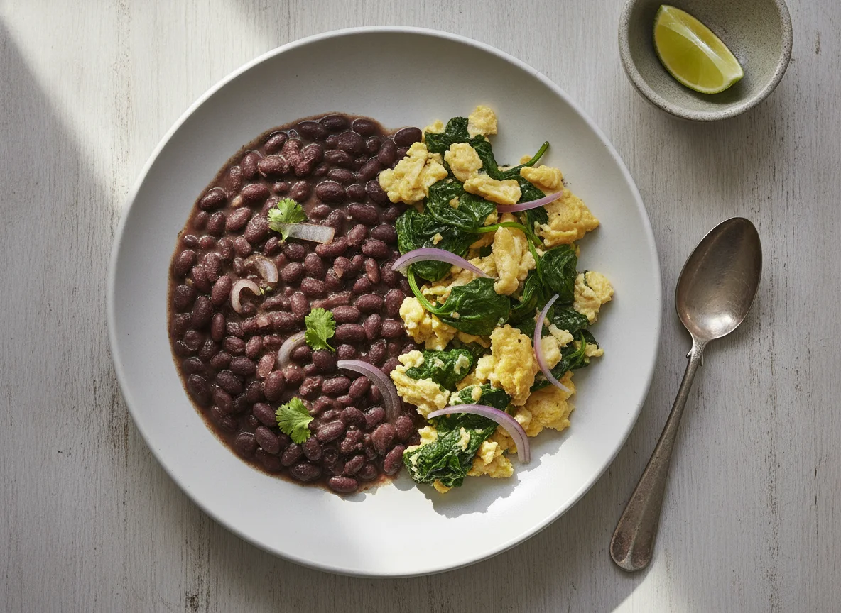 Frijoles negros con huevos revueltos y espinacas photo
