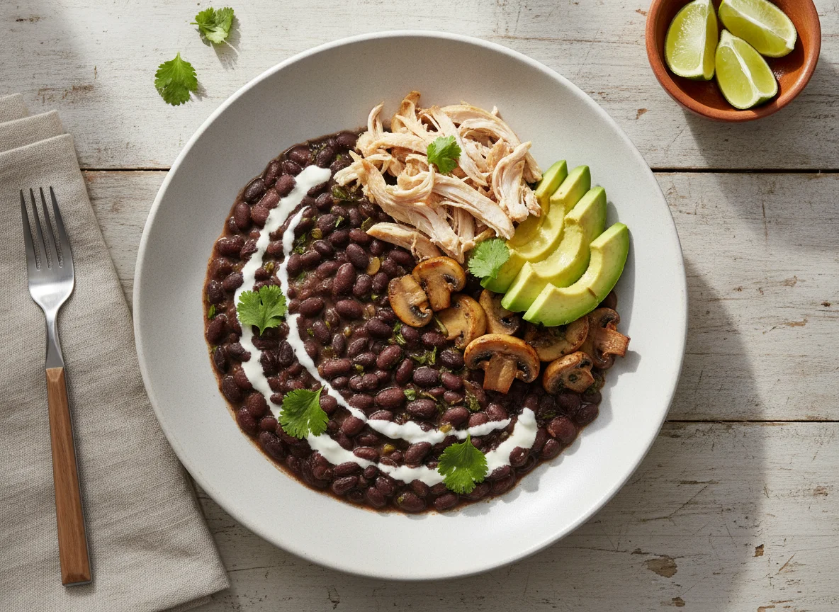 Frijoles negros con pollo y aguacate photo