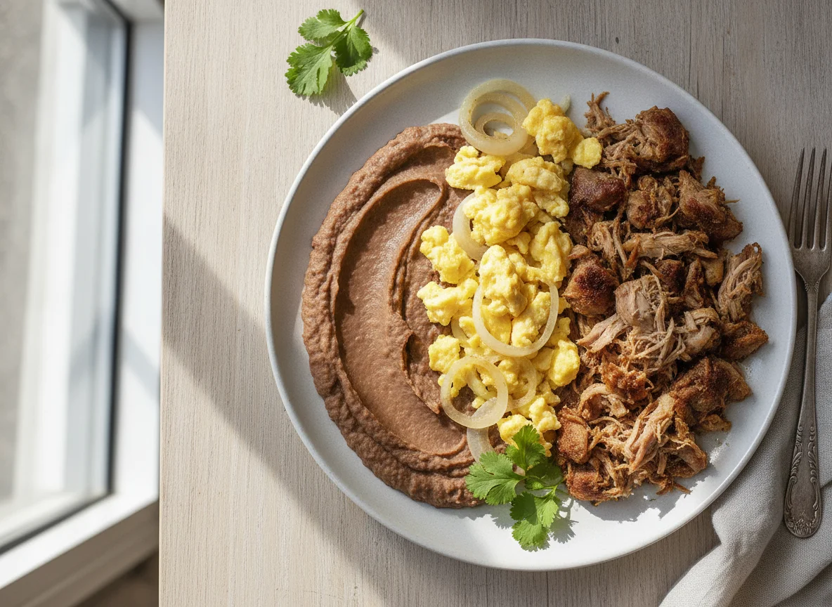 Frijoles refritos con huevo y cebolla, y carne deshebrada photo