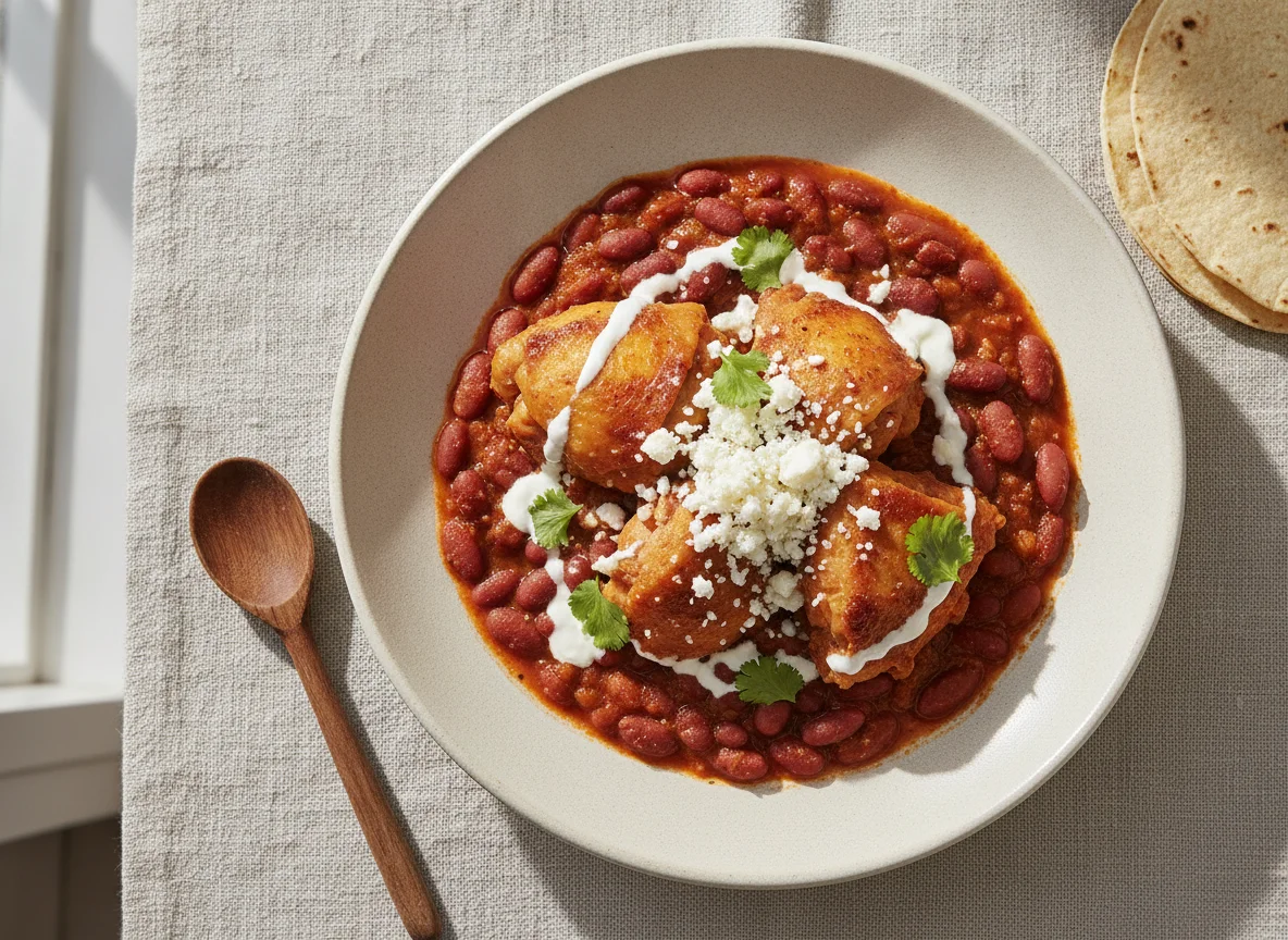 Frijoles rojos con pollo y queso photo