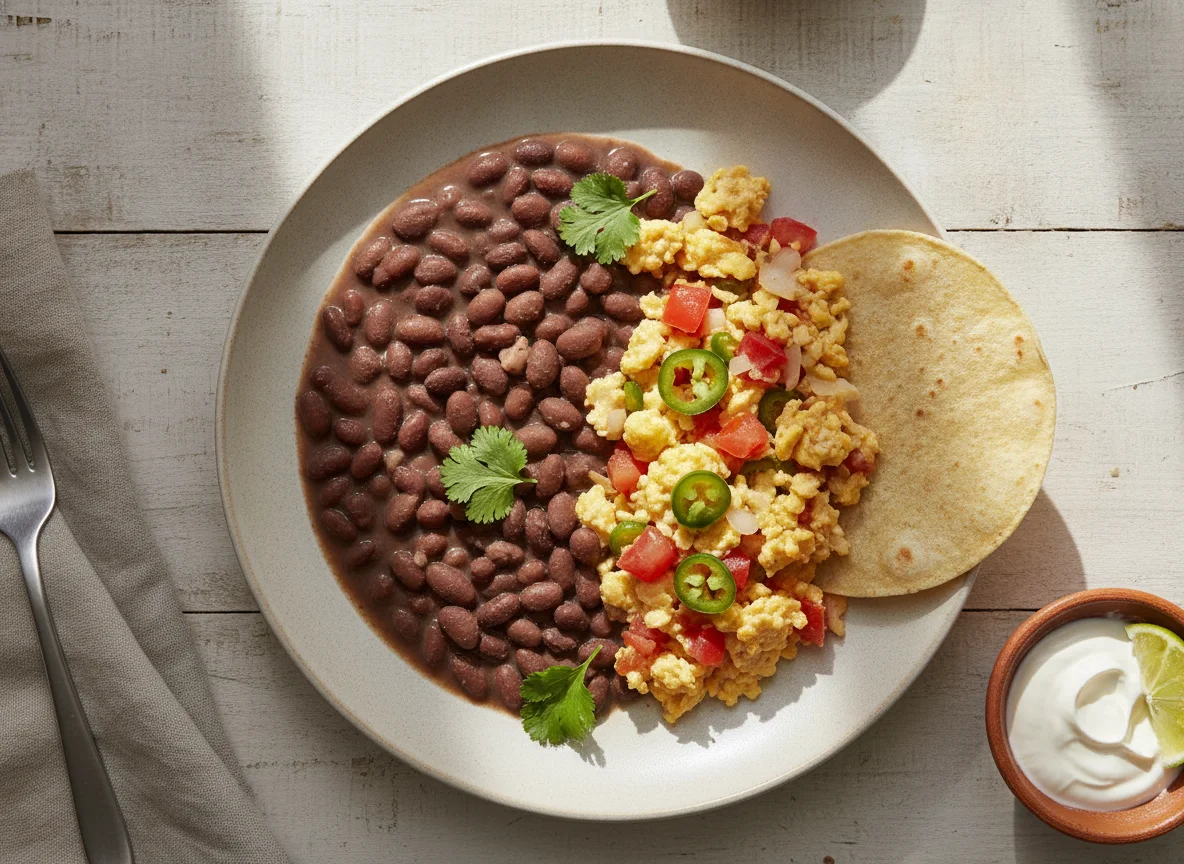 Frijoles y huevos revueltos a la mexicana photo