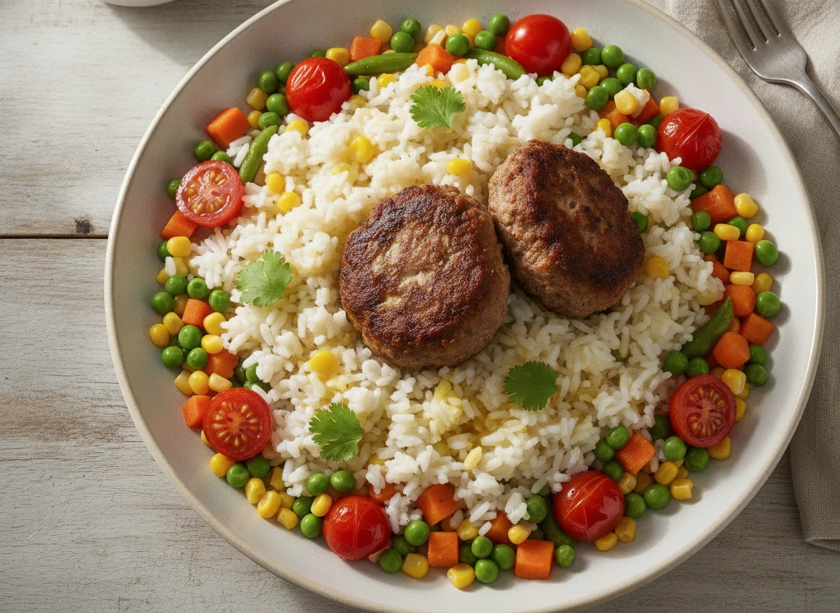 Frikadelle con arroz y verduras photo