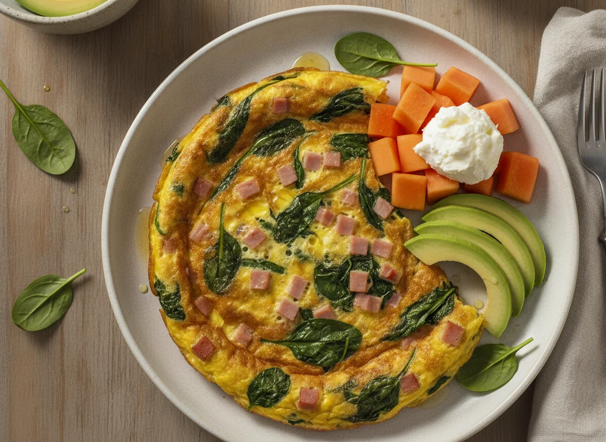 Frittata de espinacas y jamón con aguacate y papaya con requesón photo