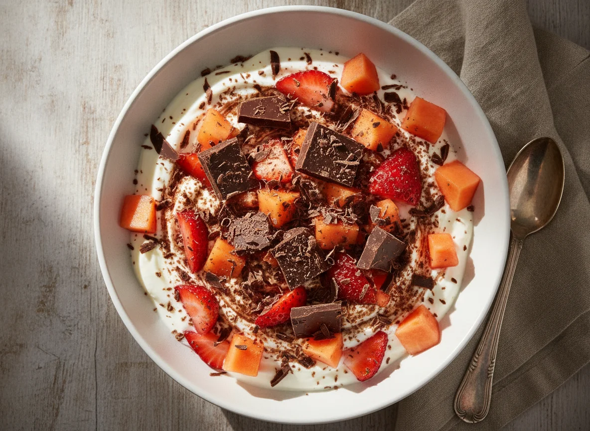 Fruta con yogur y chocolate photo