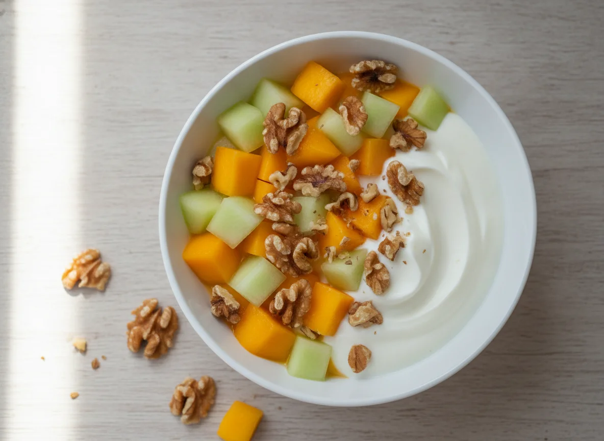 Fruta con yogur y nueces photo