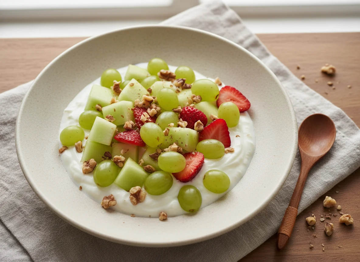 Fruta con yogurt griego y nueces photo
