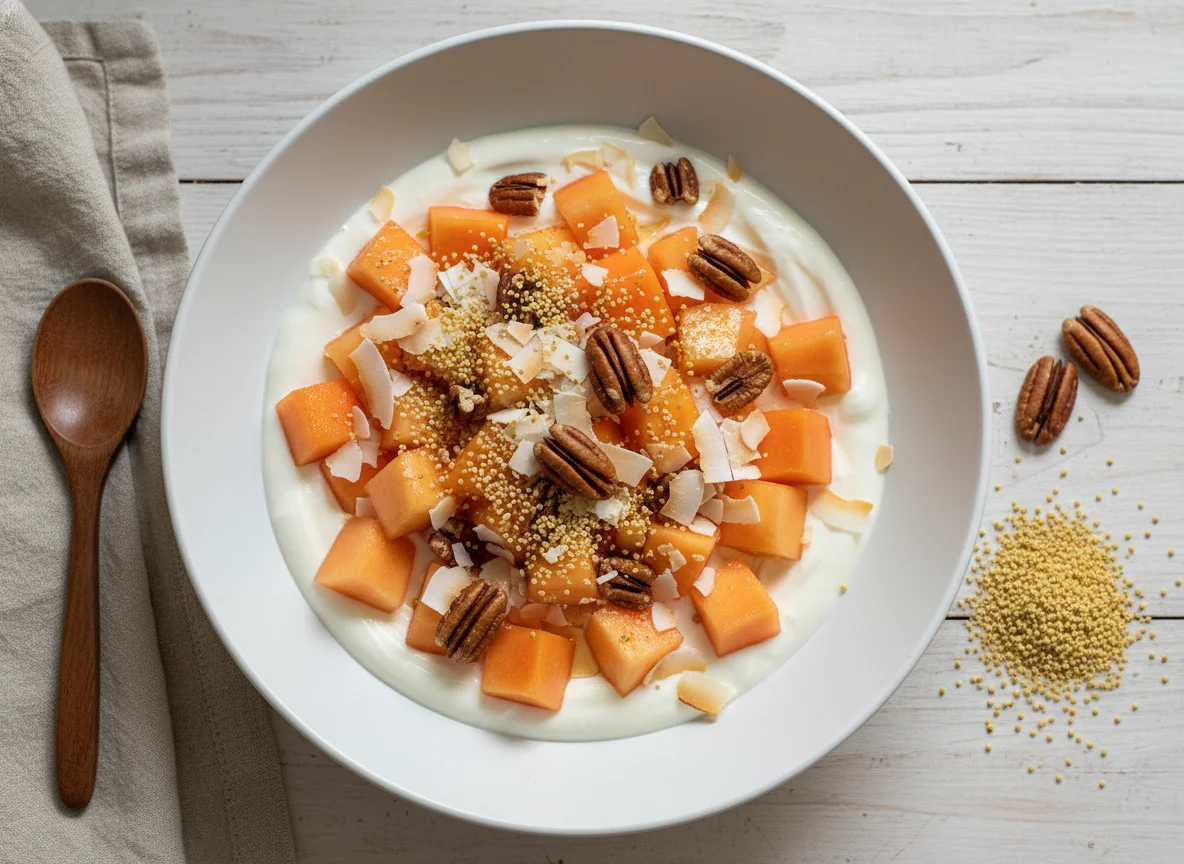 Fruta con yogurt y nueces photo