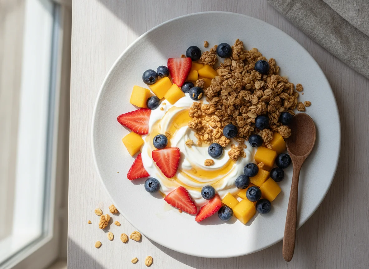 Fruta fresca con yogur y granola photo