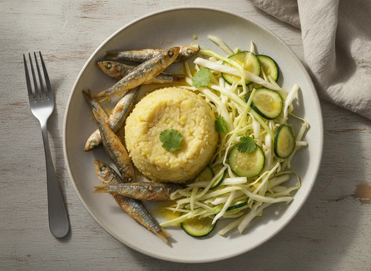 Fufu de maíz con pescado y vegetales photo