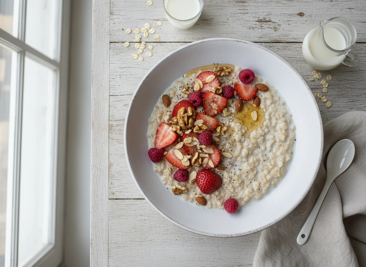 Gachas de avena con fresas y frutos secos photo