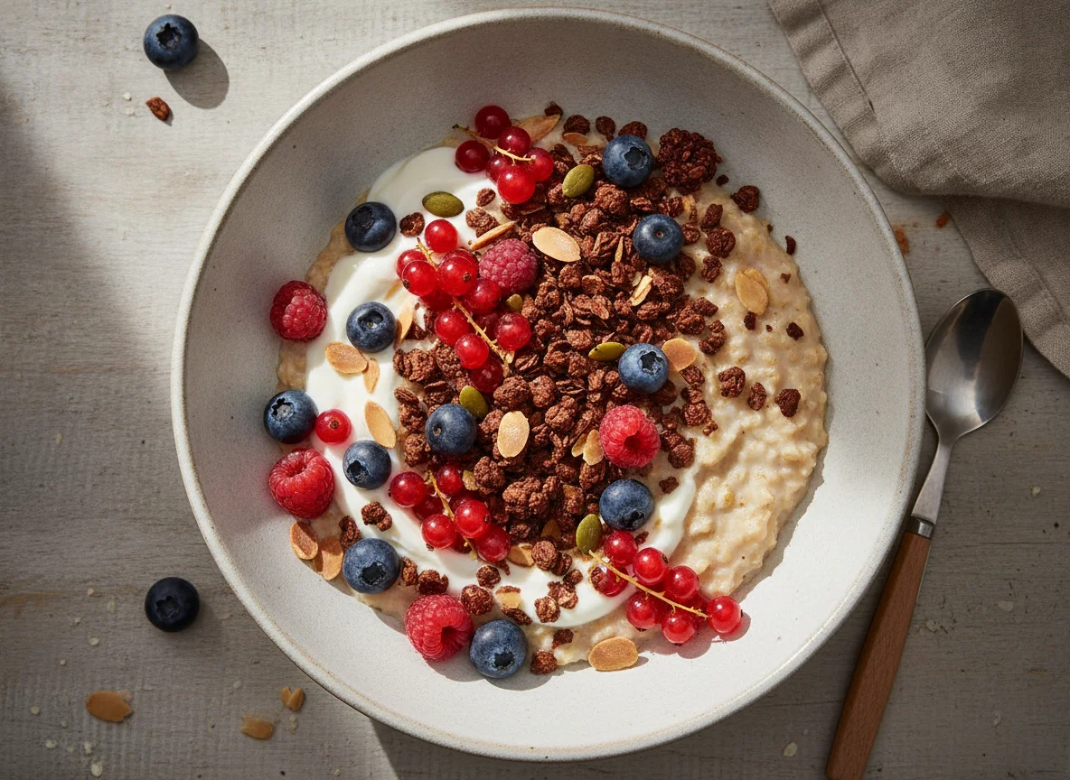 Gachas de avena con frutos rojos y granola photo