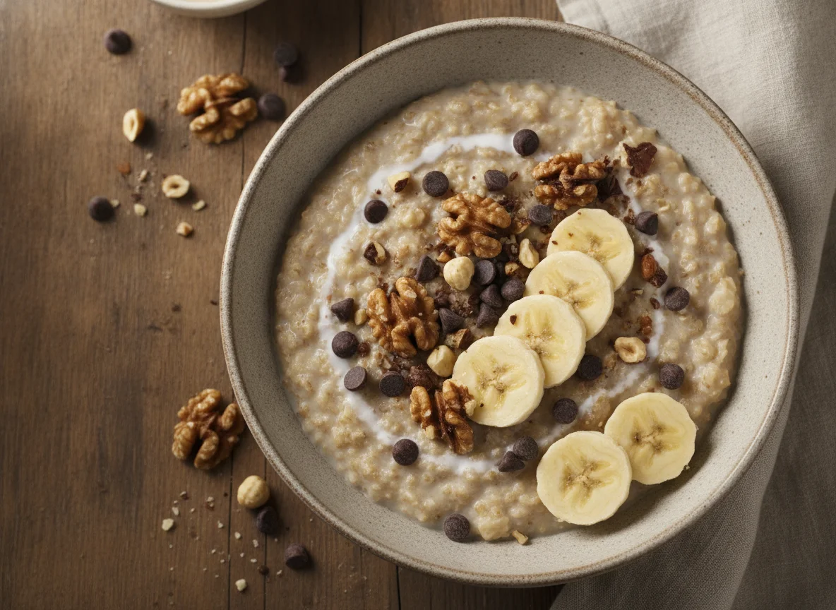 Gachas de avena con leche, pepitas de chocolate y frutos secos photo