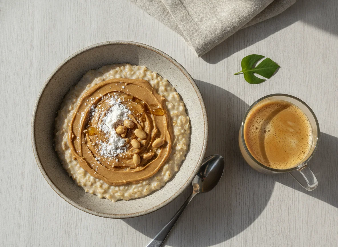 Gachas de avena con mantequilla de cacahuete y café con leche photo