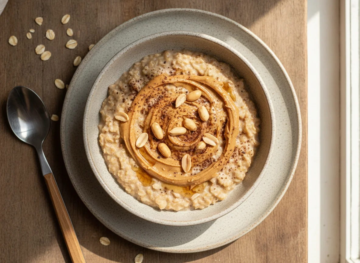 Gachas de avena con mantequilla de cacahuete y proteína photo