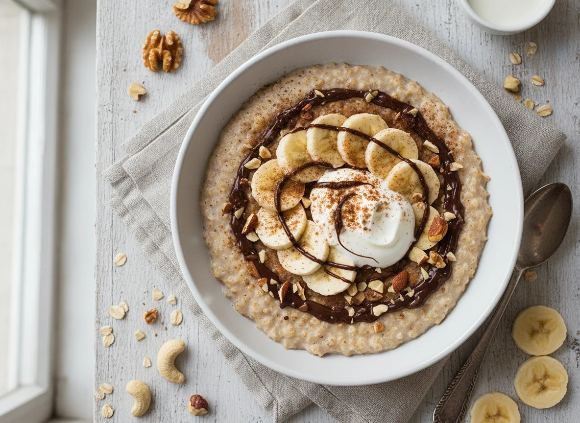 Gachas de avena con plátano, chocolate y frutos secos photo