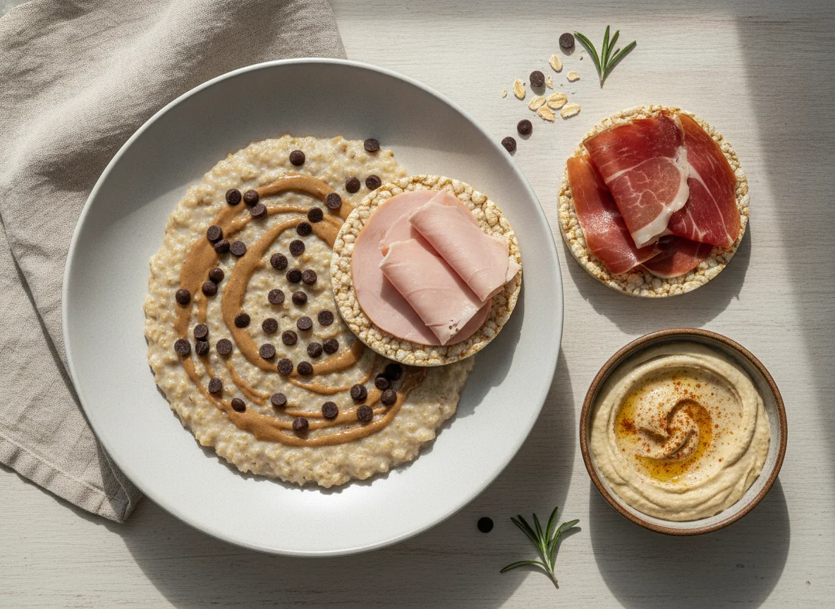 Gachas de avena con tostadas de arroz y embutidos photo