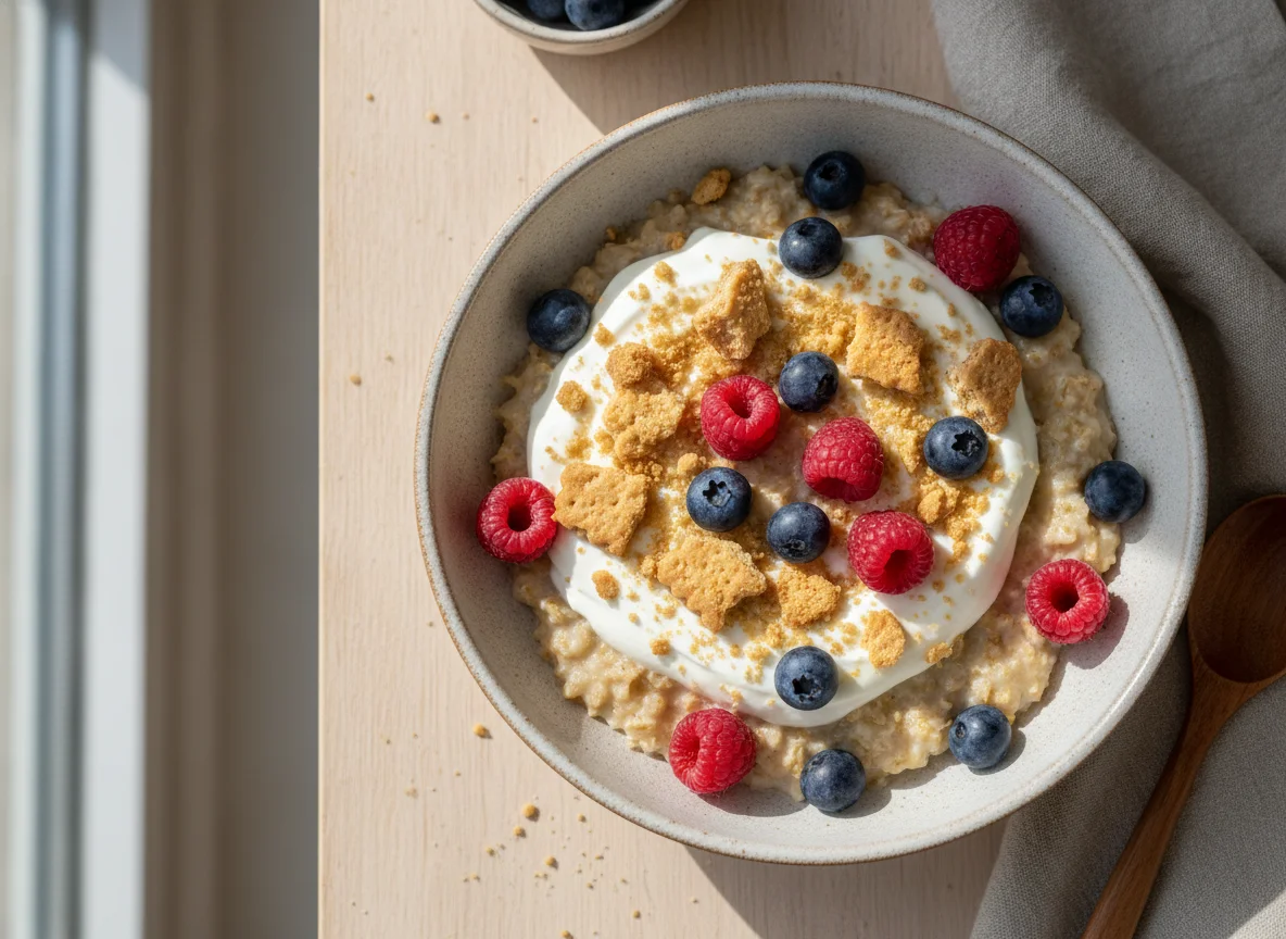 Gachas de avena con yogur y galletas photo