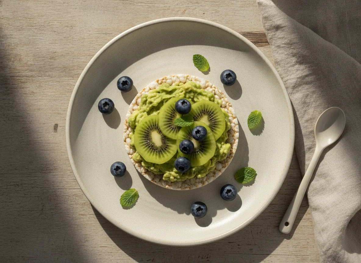 Galleta de arroz con aguacate y frutas photo