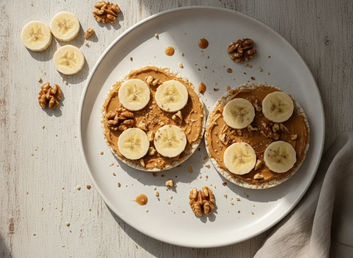 Galleta de arroz con mantequilla de maní, banana y nueces photo