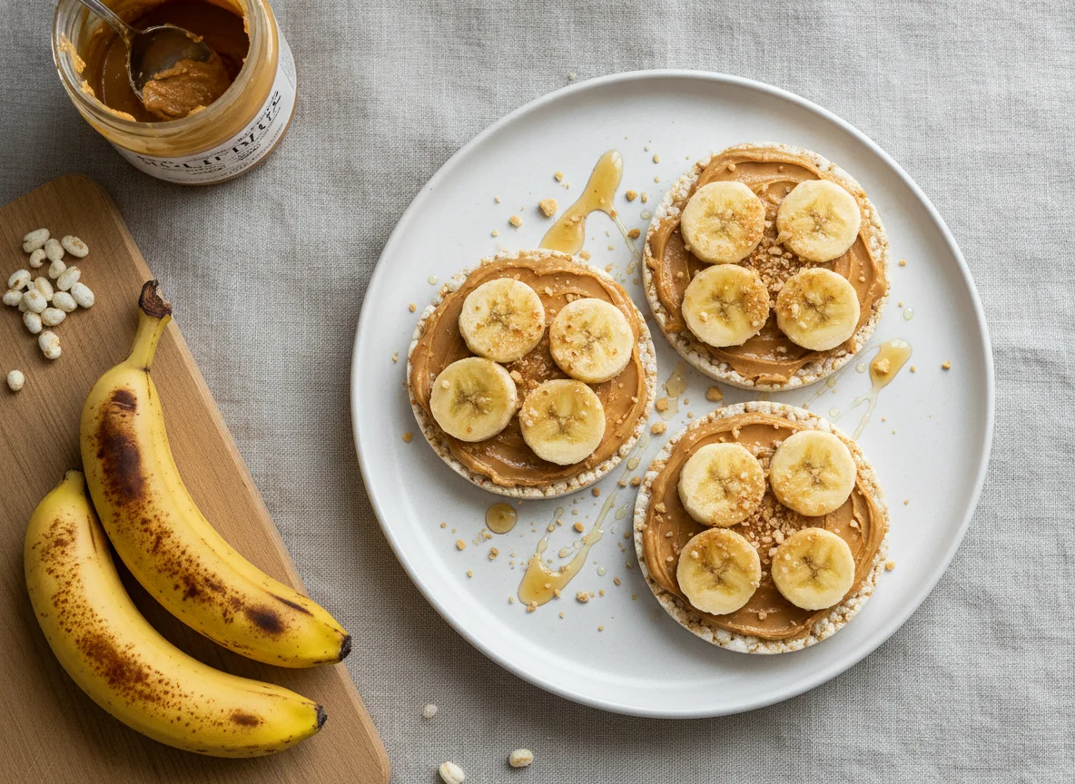 Galleta de arroz con mantequilla de maní y banana photo