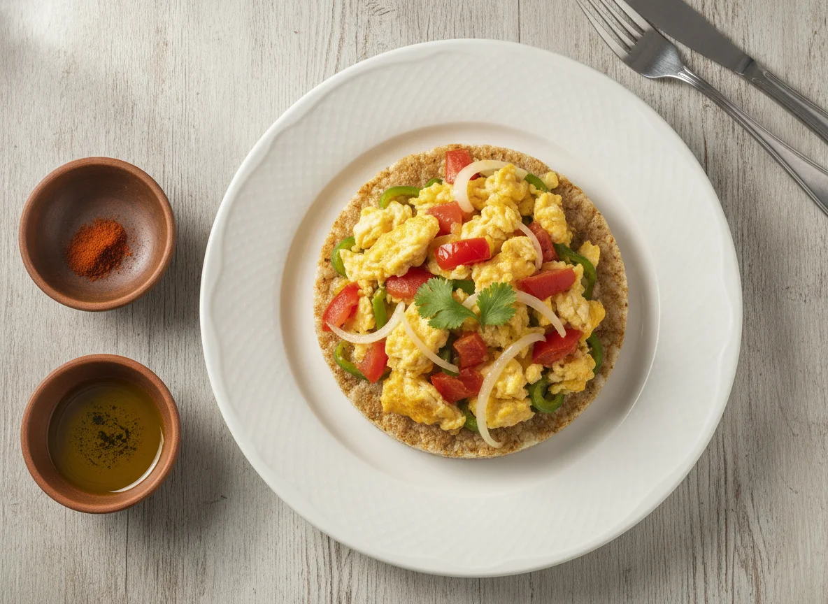 Galleta de arroz con revuelto de huevo y vegetales photo