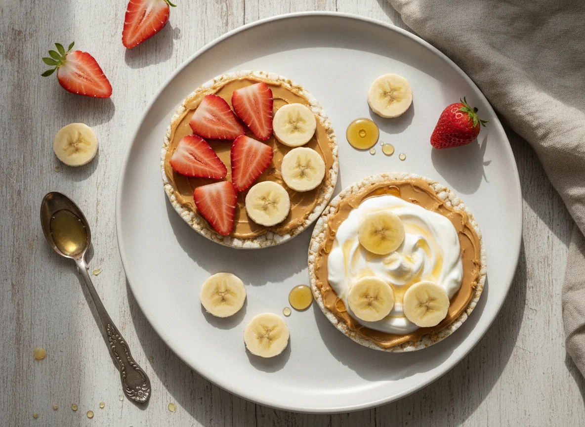 Galletas de arroz con frutas y mantequilla de maní photo