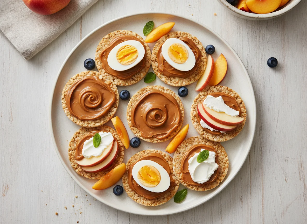 Galletas de arroz con huevo, dulce de leche y frutas photo