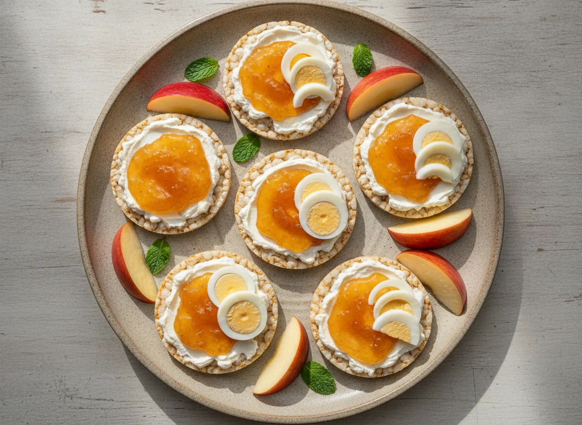 Galletas de arroz con huevo, mermelada y frutas photo