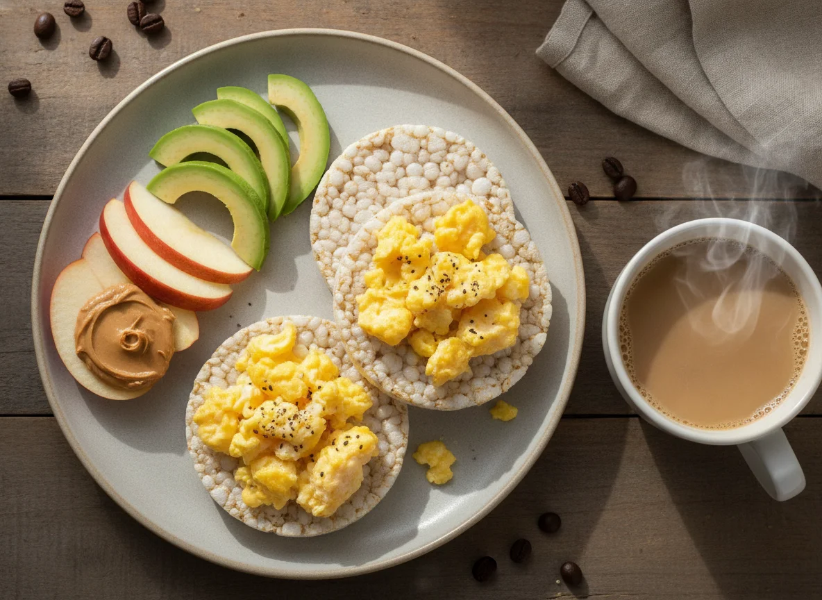Galletas de arroz con huevo, palta, manzana y café con leche photo