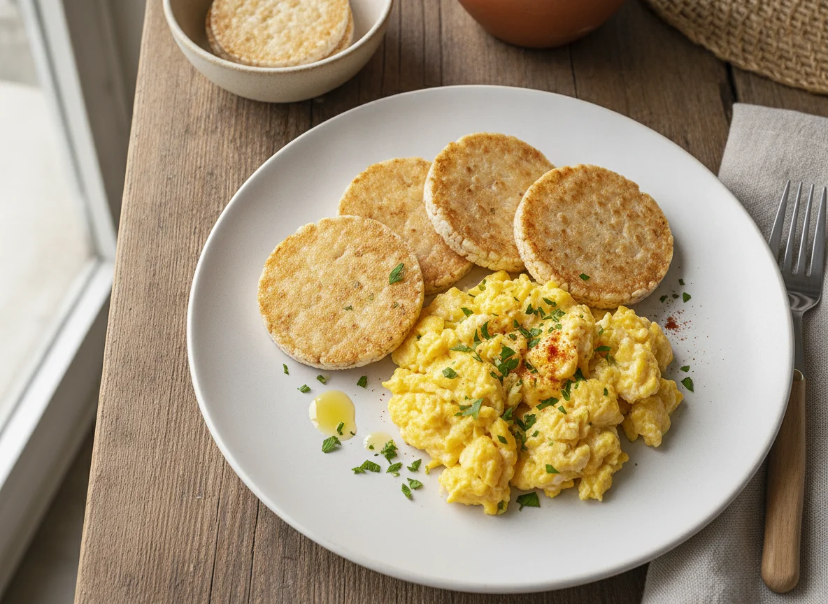 Galletas de arroz con huevo revuelto photo