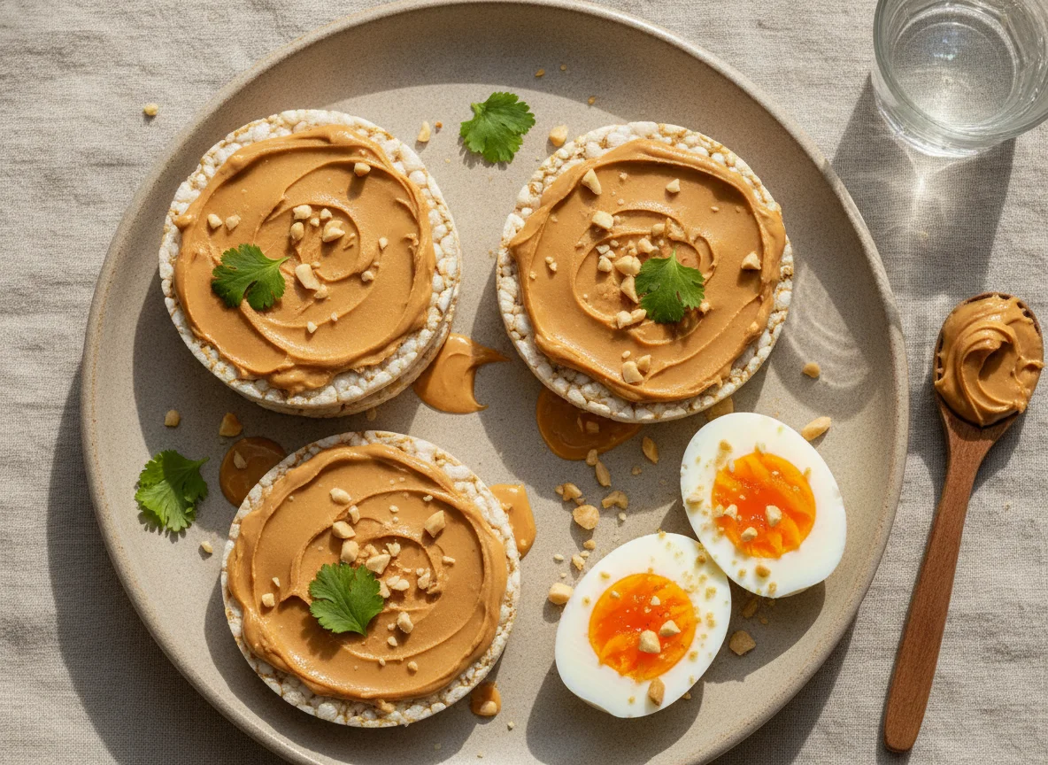 Galletas de arroz con mantequilla de maní y huevos cocidos photo