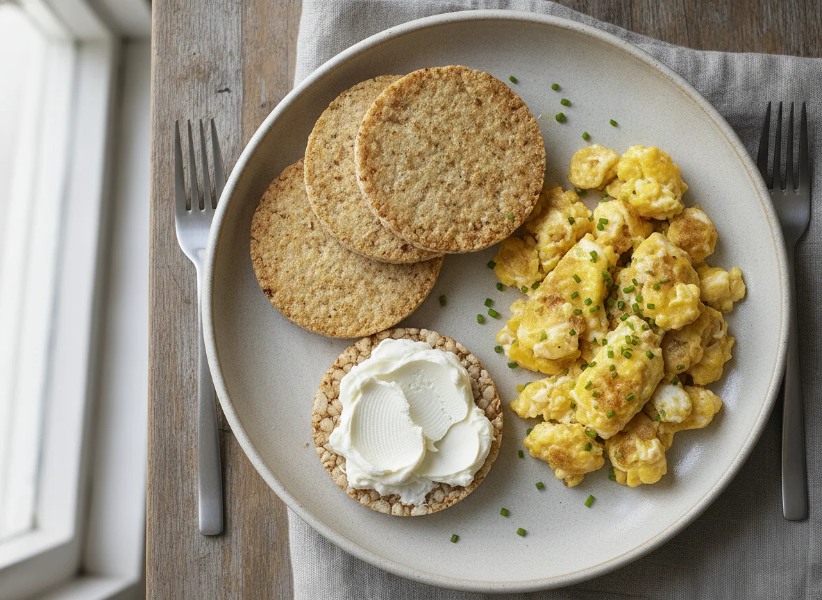 Galletas de arroz con queso crema y huevos revueltos photo