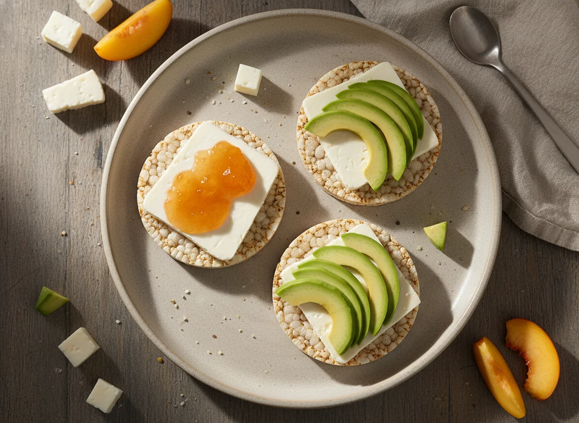 Galletas de arroz con queso y mermelada/palta photo