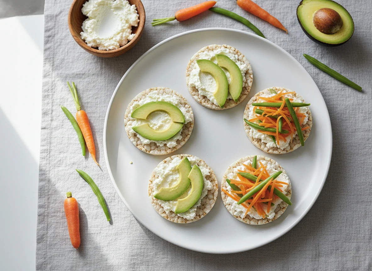Galletas de arroz con requesón, aguacate y zanahorias photo