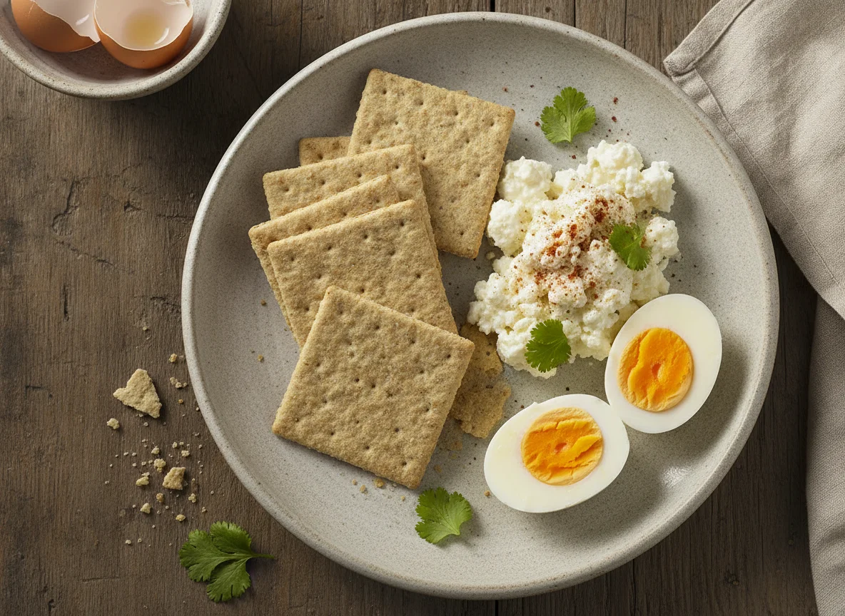 Galletas de soda con queso cottage y huevos cocidos photo