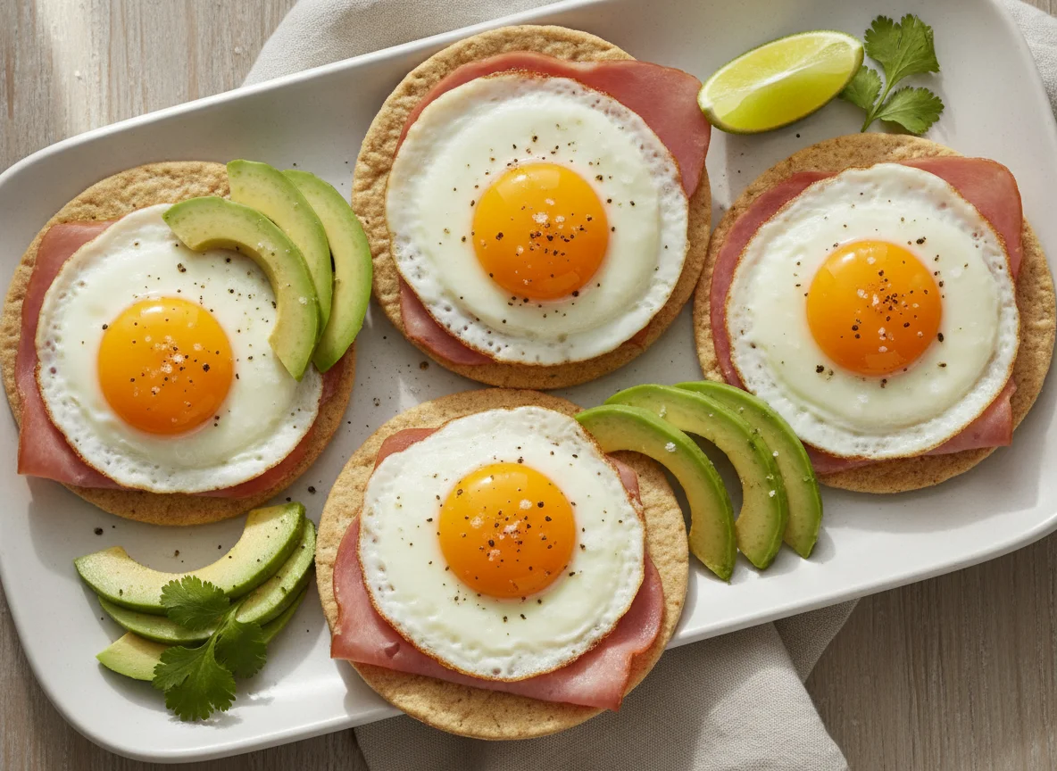 Galletas saladas con huevo frito, jamón y aguacate photo