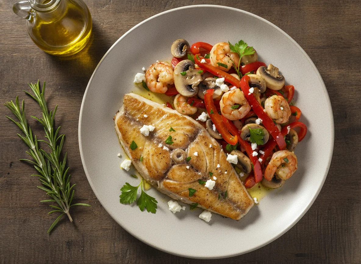 Gallo a la plancha con salteado de gambas, champiñones y pimientos photo