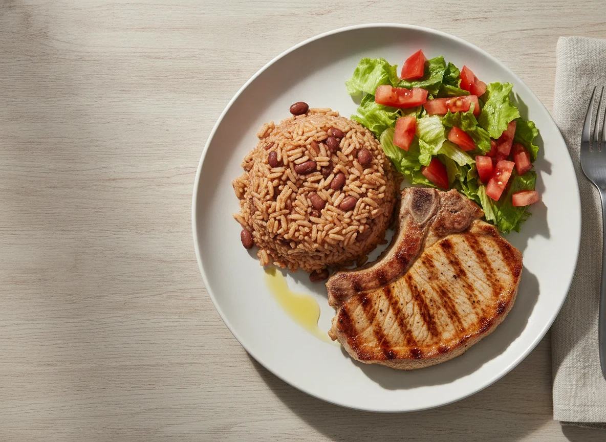 Gallo pinto con chuleta de cerdo y ensalada photo