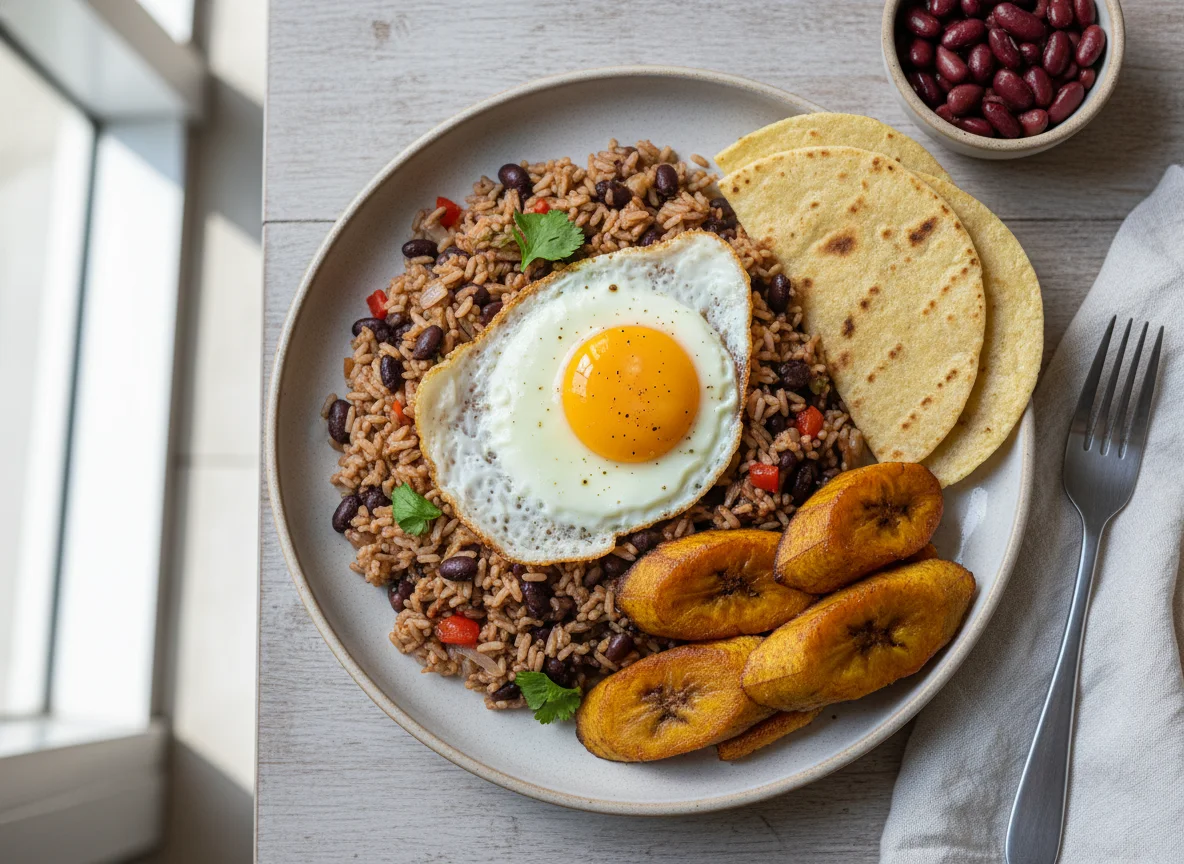 Gallo Pinto con Frijoles, Plátano Maduro y Huevo photo