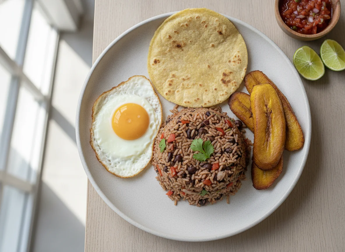 Gallo Pinto con Huevo, Plátano Maduro y Tortilla photo