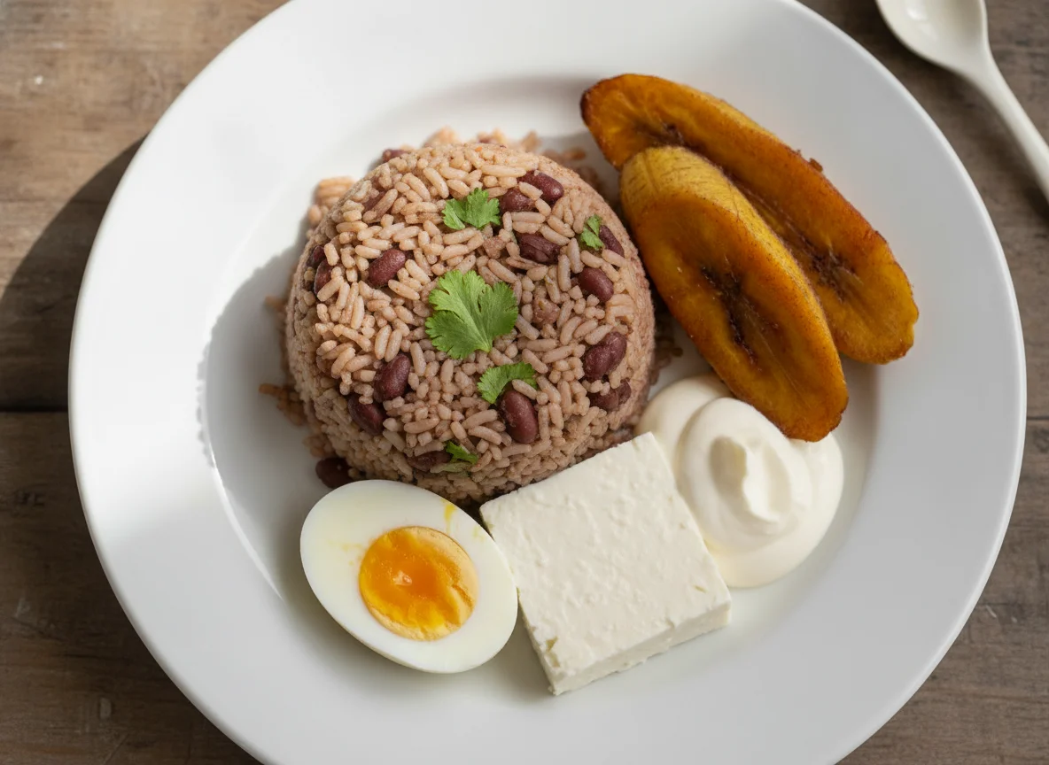Gallo Pinto con Huevo, Queso y Natilla photo