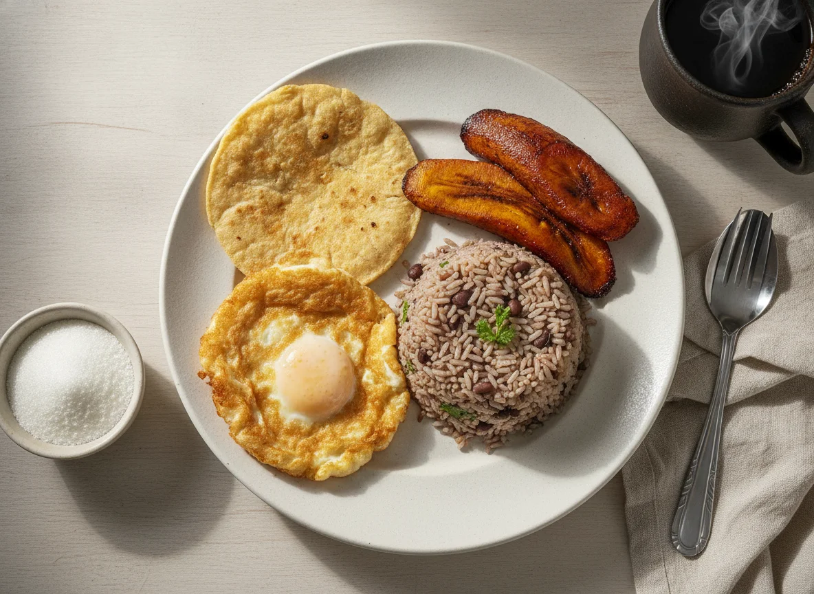 Gallo Pinto con Huevo, Tortilla y Maduro photo