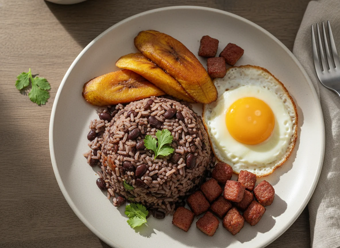 Gallo Pinto con Huevo y Plátano Maduro photo
