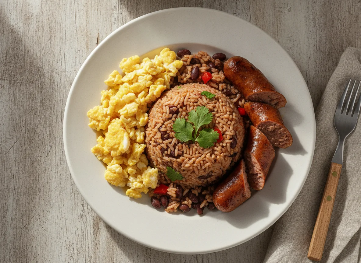Gallo pinto con huevo y salchicha photo