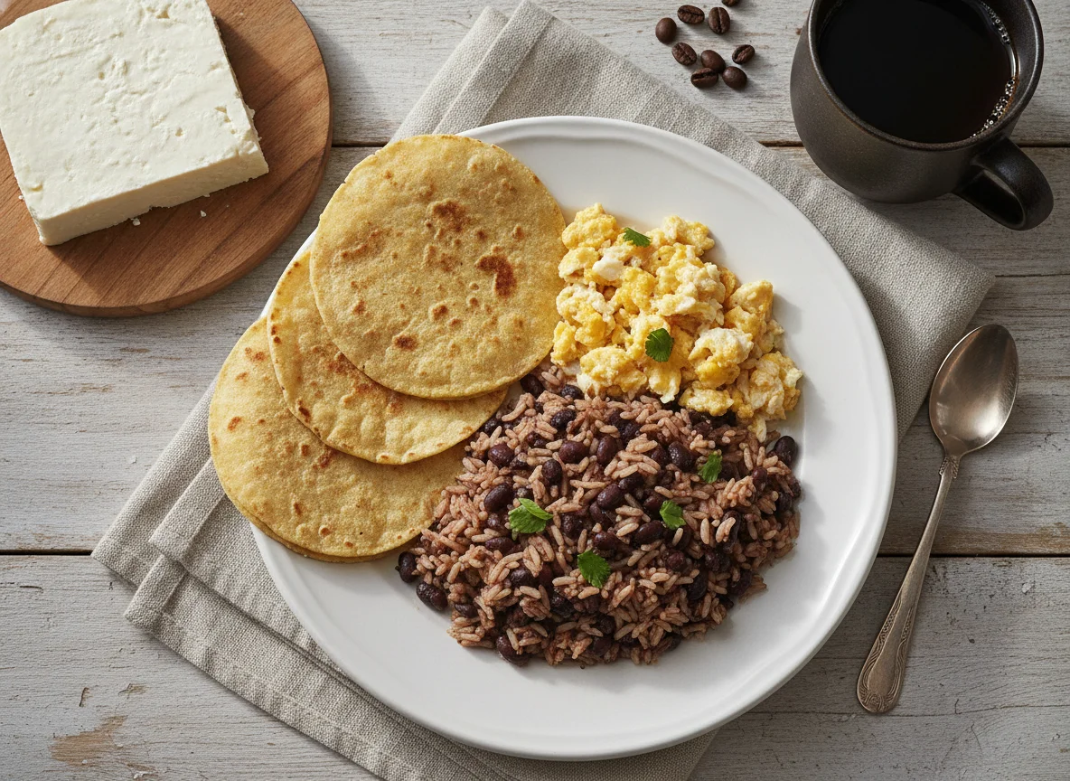 Gallo pinto con huevos revueltos, tortillas y queso fresco photo