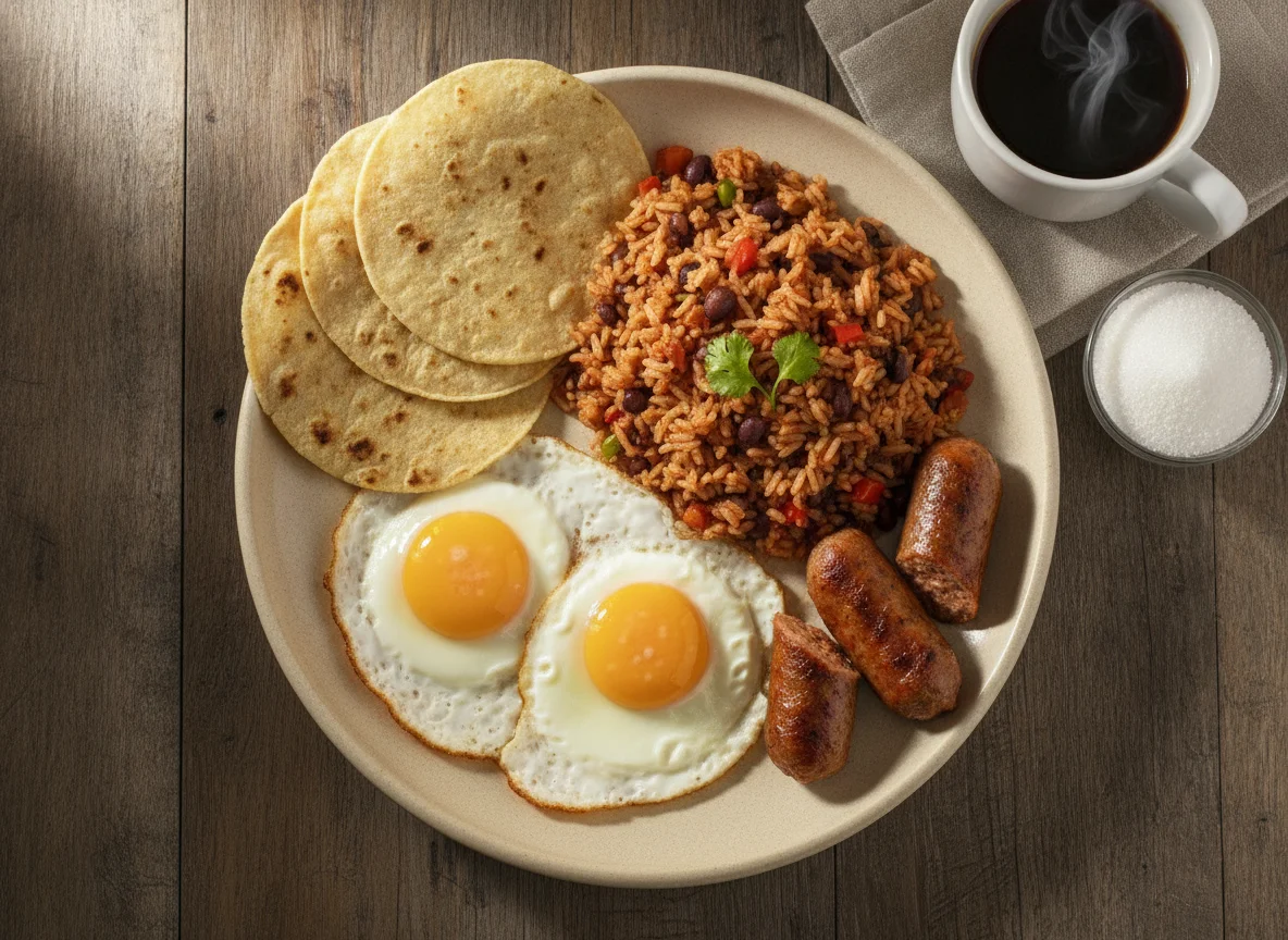 Gallo pinto con huevos, salchicha de pollo, tortillas y café photo