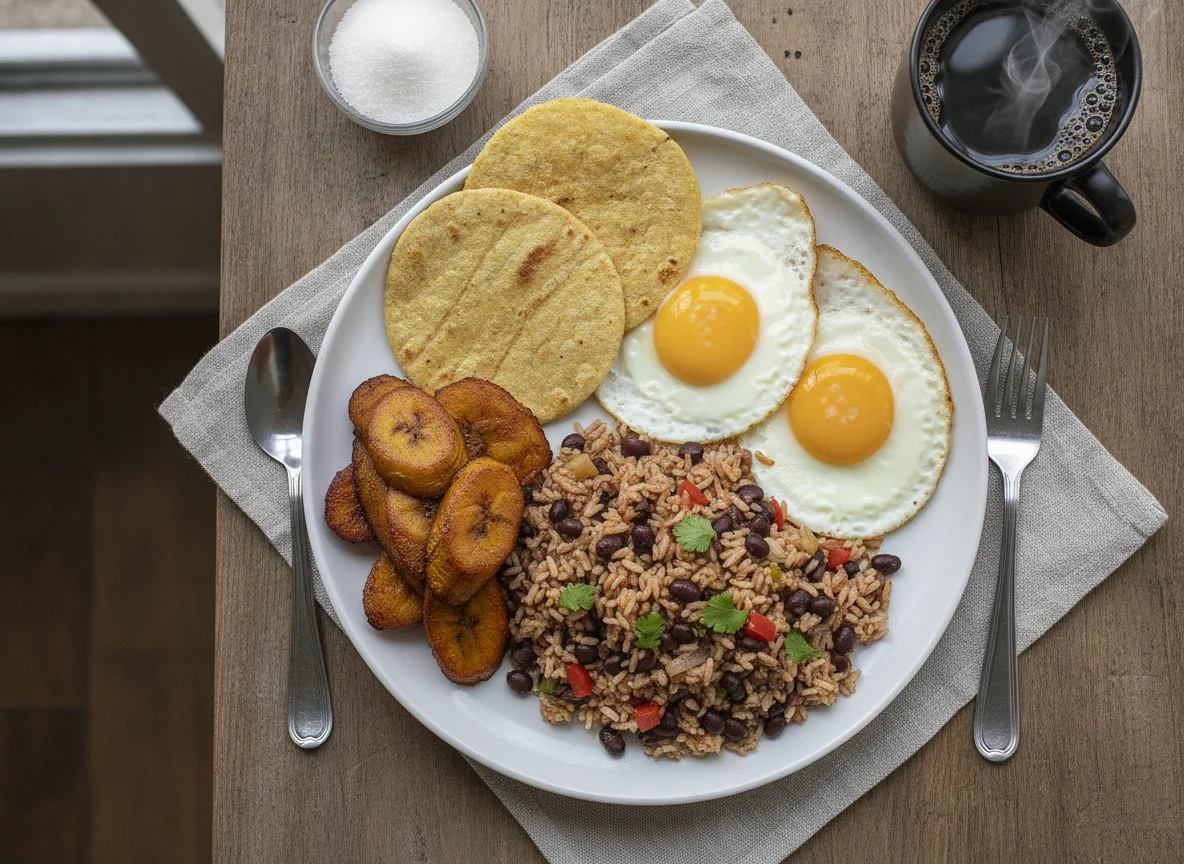 Gallo pinto con huevos, tortillas, plátano maduro y café photo