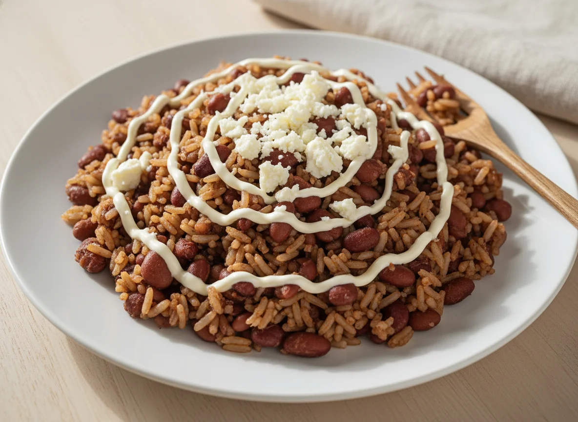 Gallo pinto con mayonesa y queso photo