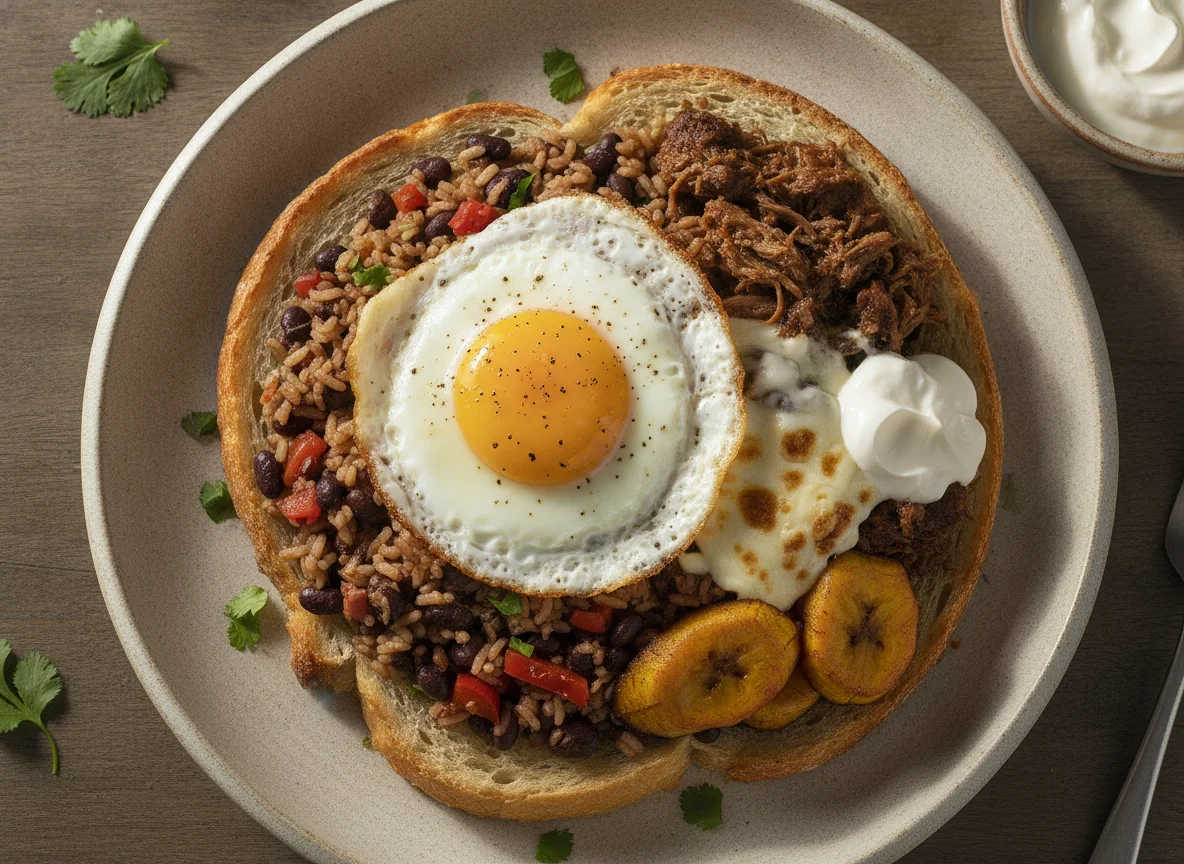 Gallo Pinto en Pan con Huevo y Carne Mechada photo